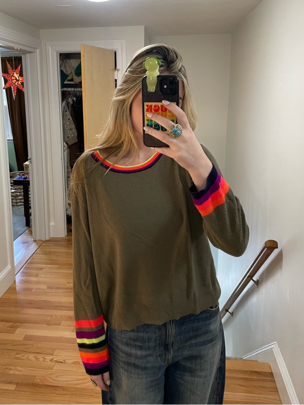 Lisa Todd Olive Sweater with Neon Rainbow Ribbing